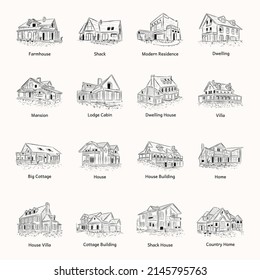 Collection of Residential Buildings Hand Drawn Illustrations 

