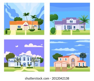 Collection Residential Home Buildings in landscape tropic trees, palms. House exterior facades front view architecture family cottages houses or mansions apartments, villa. Suburban property