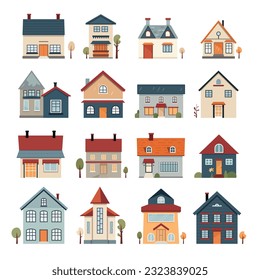 Collection of Residential House Illustrations in Flat Design Style  Architecture, Cartoon, Vector