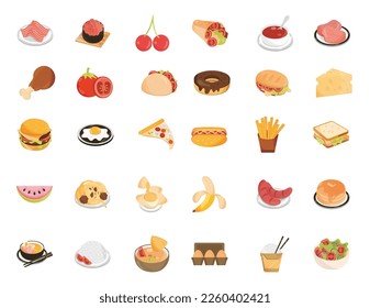 Collection of restaurant food and fruits flat style icons Free Vector