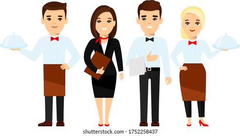 Colección de equipo de restaurantes en diferentes poses. Conjunto de sonrientes trabajadores de restaurantes - administración de restaurantes o hoteles, camarero, chef.
