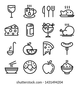 Collection of restaurant thin line icons. Food in black line illustration vector. Food line icon Bakery fast food fruits and vegetables breakfast drinks