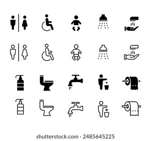 collection of restroom icons, black solid and editable stroke line