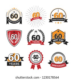Collection of retro 60 th years anniversary logo. Set of Isolated vintage icons of sixty years celebrating vector illustration