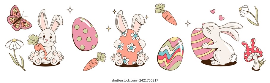 Collection of retro 60s, 70s groovy festive Happy Easter stickers. Vector set of cute cartoon bunnies, Easter eggs, butterflies, flowers, carrots and mushroom Isolated on a transparent background. 