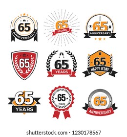 Collection of retro 65 th years anniversary logo. Set of Isolated vintage icons of sixty-five years celebrating vector illustration