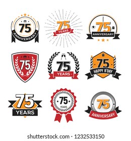 Collection of retro 75 th years anniversary logo. Set of Isolated vintage icons of seventy-five years celebrating vector illustration
