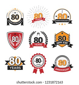 Collection of retro 80 th years anniversary logo. Set of Isolated vintage icons of eightieth years celebrating vector illustration