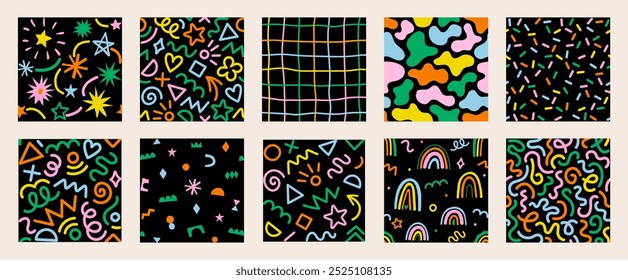 Coleção de 80s retro, 90s colorido vetor sem emenda padrões. Doodle fundo de criança divertido. Design de mão desenhada bonito infantil útil para tecido, têxtil, tampa, banner, etiqueta, impressão, embalagem, papel de parede
