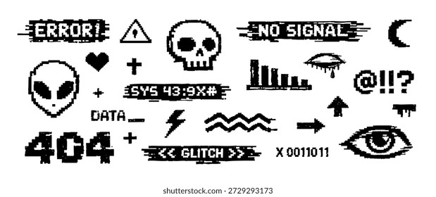 Coleção de ícones retrô de falha de 8 bits pixel art e símbolos de erro em um fundo branco. Elementos de design estético cyberpunk e vaporwave.