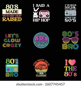 Collection Of  Retro 90s Typography T-shirt Design Vector, Retro Vintage 1990s Tee Shirt Design Sublimation, 80s Vibes Illustration