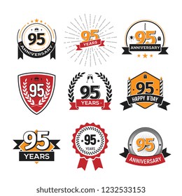 Collection of retro 95 th years anniversary logo. Set of Isolated vintage icons of ninety-five years celebrating vector illustration