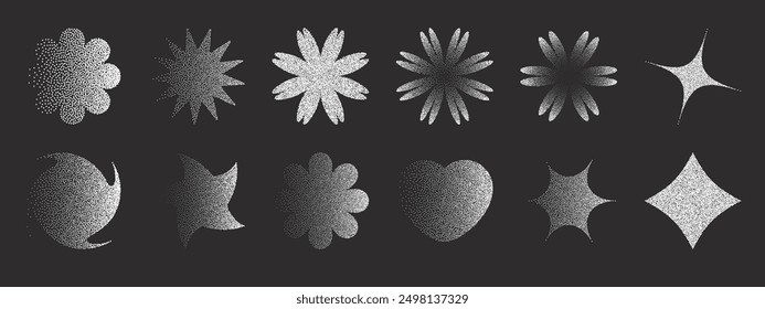 Collection of retro abstract dotted figures and shapes with photocopy effect. Vector noise grainy texture
