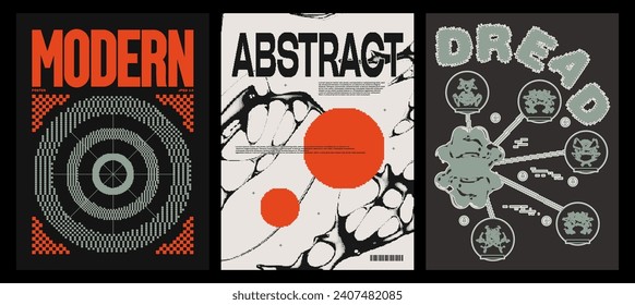 Colección de afiche abstracto retro. Estilo Techno, diseño psicodélico, con efecto de píxel ditero, impresiones para camisetas y sudaderas. Conjunto de vectores