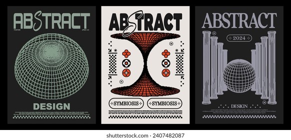 Collection of retro abstract poster. Techno style, psychedelic design, with dither pixel effect, prints for t-shirts and sweatshirts. Vector set