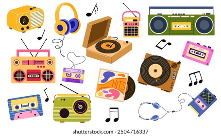 Collection of retro analog music players and cassette recorder, headphones, tape, jukebox, boombox. Set of vintage audio devices - turntable, vinyl record. Flat vector illustration isolated on white