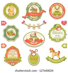 Collection of retro baby design labels, symbols and elements.