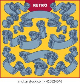 Collection of retro blue ribbon banners.