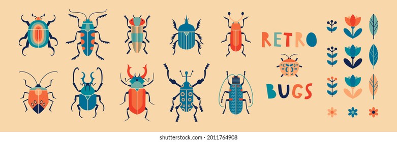 Collection of retro bugs and florals. Vector illustration set of beetles in colorful vintage style 1960s.