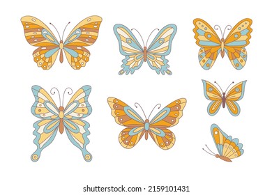 Collection of retro butterflies in 60s 70s style isolated on white. Flowers Child, Vintage, Hippie Style butterflies set. Vector illustration in retro style.