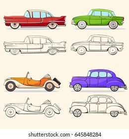 Collection with retro car in cartoon style. Color and black outline retro auto.  Classic car drawn set