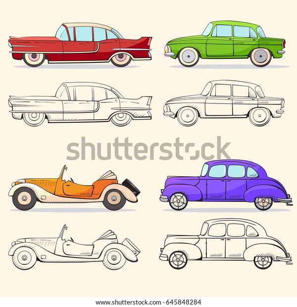 Collection with retro car in\
cartoon style. Color and black outline retro auto.  Classic car\
drawn set