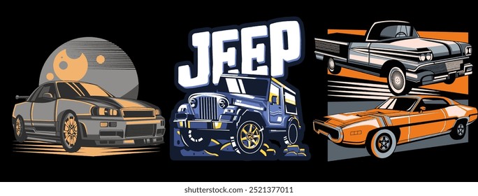 coleção de projetos de vetor de carro retro, vintage temas de carro, jipes, editável
