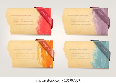 Collection of retro cardboard paper banners with color ribbon tags. Vector