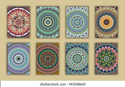 Collection retro cards. Ethnic backgrounds. Card of invitation. Vintage design elements
