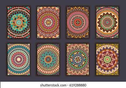 Collection retro cards. Ethnic backgrounds. Card of invitation. Vintage design elements