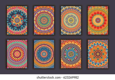 Collection retro cards. Ethnic backgrounds. Card of invitation. Vintage design elements