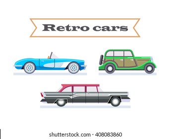 Collection of retro cars. Set of classic machine in flat design. Vector illustration.
