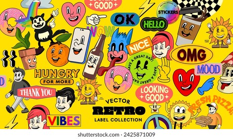 A collection of retro cartoon characters and mood stickers! Vector illustration