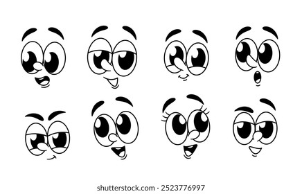 Sammlung von Retro Cartoon Emojis mit verspielten und ausdrucksstarken Gesichtern. Vektor Monochrome Emoticons Set