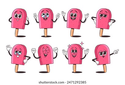 Collection Of Retro Cartoon Ice Cream Characters Displaying Unique Expressions. Pink Popsicle Groovy Personage Animation