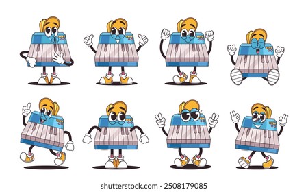 Collection Of Retro Cartoon Piano Keyboard Characters In Various Poses And Expressions For Kids Content And Education
