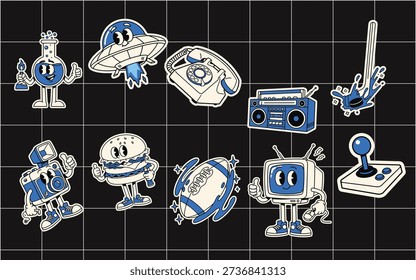 Collection of retro cartoon robot gadget stickers showcasing playful illustrated mechanical characters and vintage electronic toys