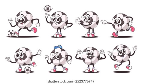 Colección De Personajes De Pelota De Fútbol De Dibujos Animados Retro Con Expresiones Únicas Y Poses Dinámicas Que Celebran La Deportividad