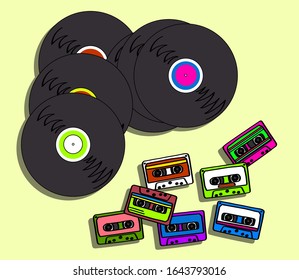 Collection of retro cassettes and music records on a white background. Vector illustration.