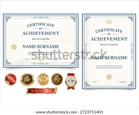 Collection of Retro Certificate Template Vector Design Layout for Print, Elegant Blank Certificate for Diploma, Graduation stock illustration 