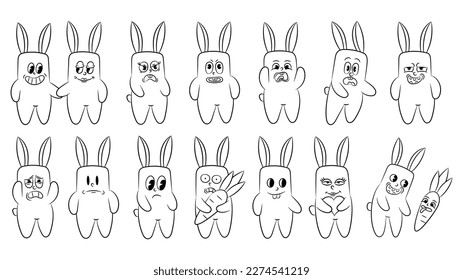 Collection of retro characters hares hippie stickers comic style. set of cartoon rabbits with different cheerful emotions. Funny character mascot sticker. vector illustration,