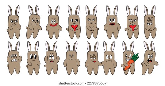 Collection of retro characters hares hippie stickers comic style. set of cartoon rabbits with different cheerful emotions. Funny character mascot sticker. vector illustration,