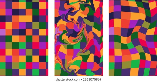 Collection of retro checkerboard backgrounds featuring vivid hues. A groovy and psychedelic chessboard backdrop inspired by the 60s and 70s. Perfect for print templates.