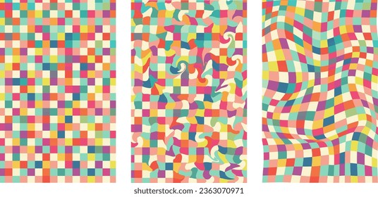 Collection of retro checkerboard backgrounds featuring vivid hues. A groovy and psychedelic chessboard backdrop inspired by the 60s and 70s. Perfect for print templates.