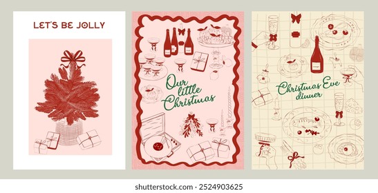 Collection of retro Christmas greeting or invitation card. Holidays poster. Food and drink. Editable vector illustration.