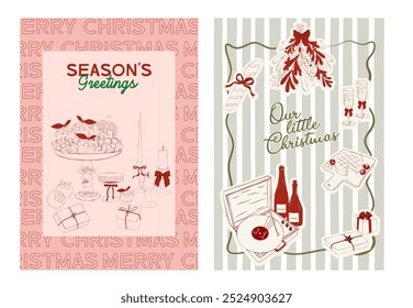 Collection of retro Christmas greeting or invitation card. Holidays poster. Food and drink. Editable vector illustration.