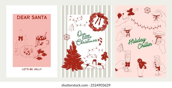 Collection of retro Christmas greeting or invitation card. Holidays poster. Food and drink. Editable vector illustration.