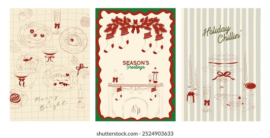 Collection of retro Christmas greeting or invitation card. Holidays poster. Food and drink. Editable vector illustration.