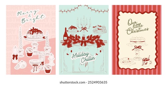 Collection of retro Christmas greeting or invitation card. Holidays poster. Food and drink. Editable vector illustration.