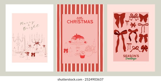 Collection of retro Christmas greeting or invitation card. Holidays poster. Food and drink. Editable vector illustration.